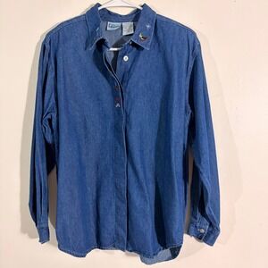Capacity Denim Shirt Women PM Blue Winter Embroidery Holiday Penguin PM